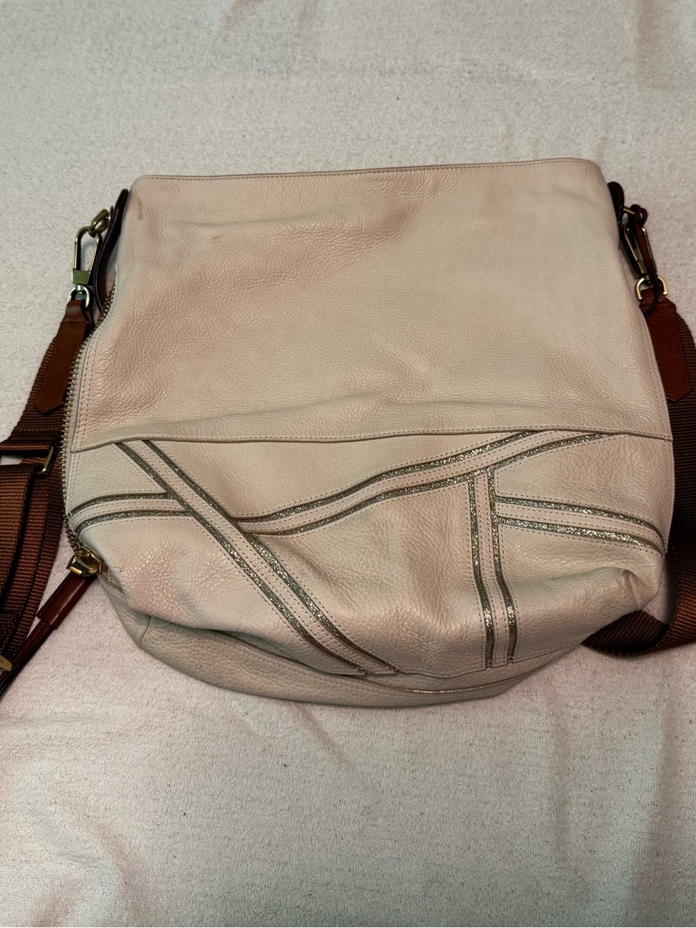 Neutral Cream Leather Crossbody Bag with Brown Strap